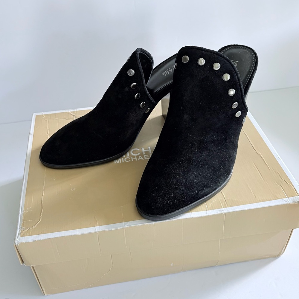 NEW Michael Kors Black Suede Studded Louise Mules / Bootie Silver Studs Sz 8.5